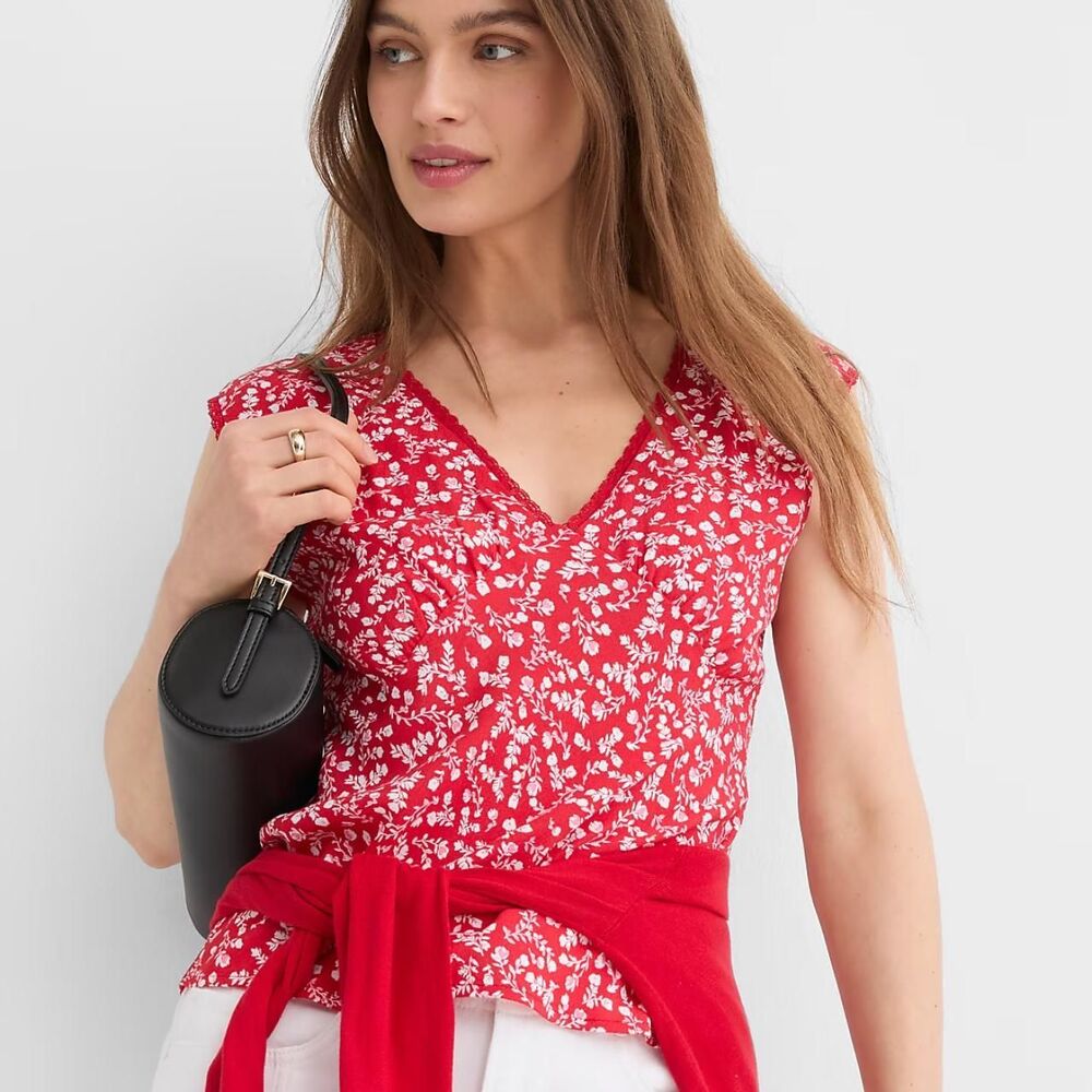 NWT Loft Floral Lace Trim Cap Sleeve Top Red white Size 12 / L